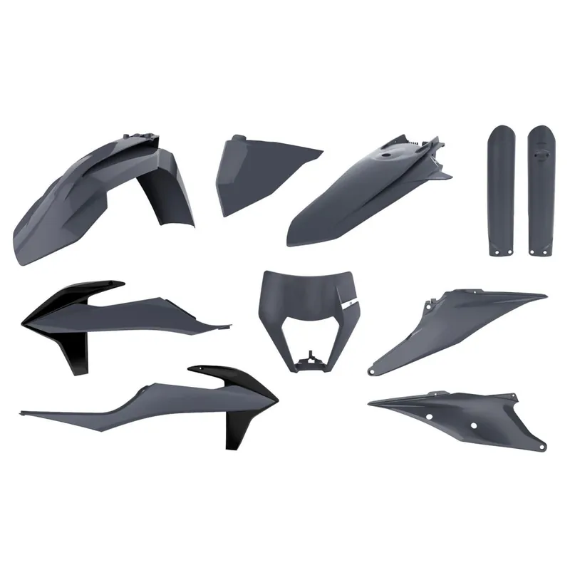 Promocja POLISPORT KOMPLET PLASTIKÓW (FULL KIT) KTM EXC/EXC-F TPI ‘20-‘23 W ZESTAWIE OSŁONA LAMPY (8668600006) I OSŁONY AMORTYZATORÓW (8398600011) KOLOR SZARY NARDO GREY