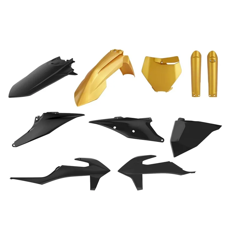 Sprawdź teraz POLISPORT KOMPLET PLASTIKÓW (FULL KIT) KTM SX/SX-F ‘19-‘22 W ZESTAWIE TABLICA PRZEDNIA (8666400009) I OSŁONY AMORTYZATORÓW (8398600015) KOLOR ZŁOTY CZARNY (GOLD METAL FLOW COMPLETE KIT)