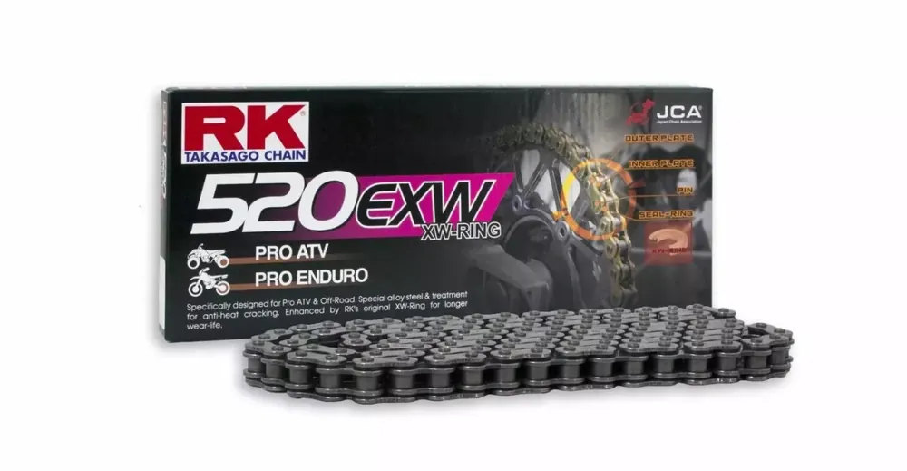 Nowość RK ŁAŃCUCH NAPĘDOWY 520EXW-128 (XW-RING) ZAKUWKA (CLF) W ZESTAWIE KOLOR STANDARD (POJEMNOŚĆ DO 750 CCM) (34,3 KN)