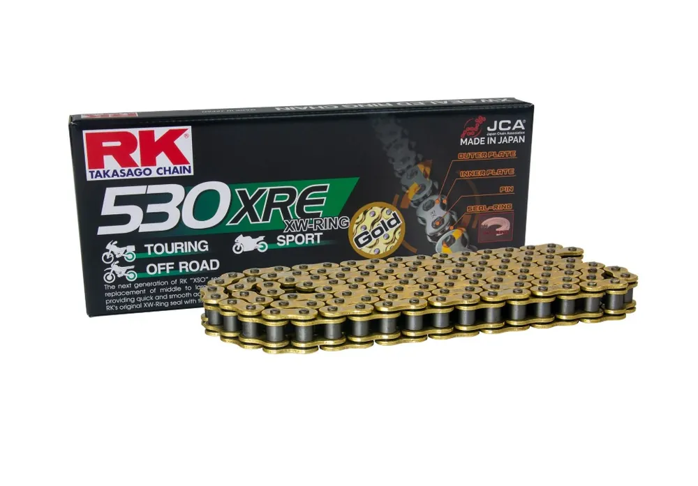 Szybka wysyłka RK ŁAŃCUCH NAPĘDOWY GB530XRE-122 (XW-RING) ZAKUWKA (CLF) W ZESTAWIE KOLOR ZŁOTY (POJEMNOŚĆ DO 1400 CCM) (44 KN)