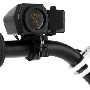 Motocyklowe podwójne gniazdo USB QC 3.0 z woltomierzem i wskaźnikiem temperatury zewnętrznej, montaż na kierownicę Biketec BTMUS50 Ostatnie sztuki