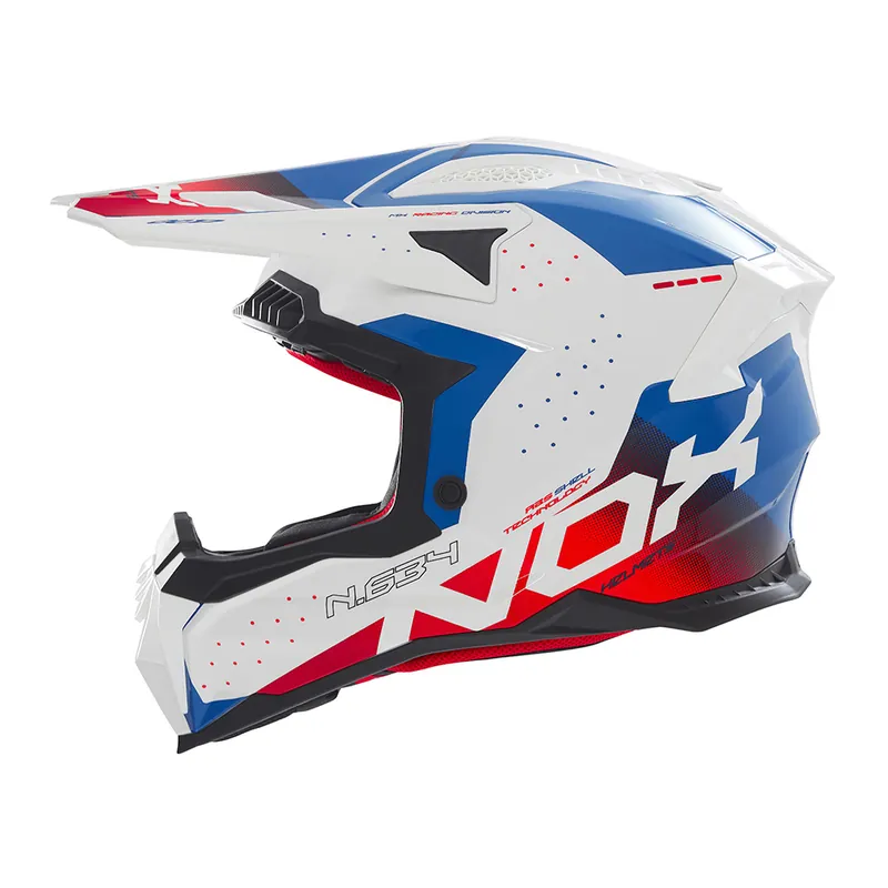 Bestseller NOX PROMOCJA KASK OFF ROAD / CROSS N634 GRADIENT KOLOR BIAŁY/NIEBIESKI/CZERWONY ROZMIAR XXL