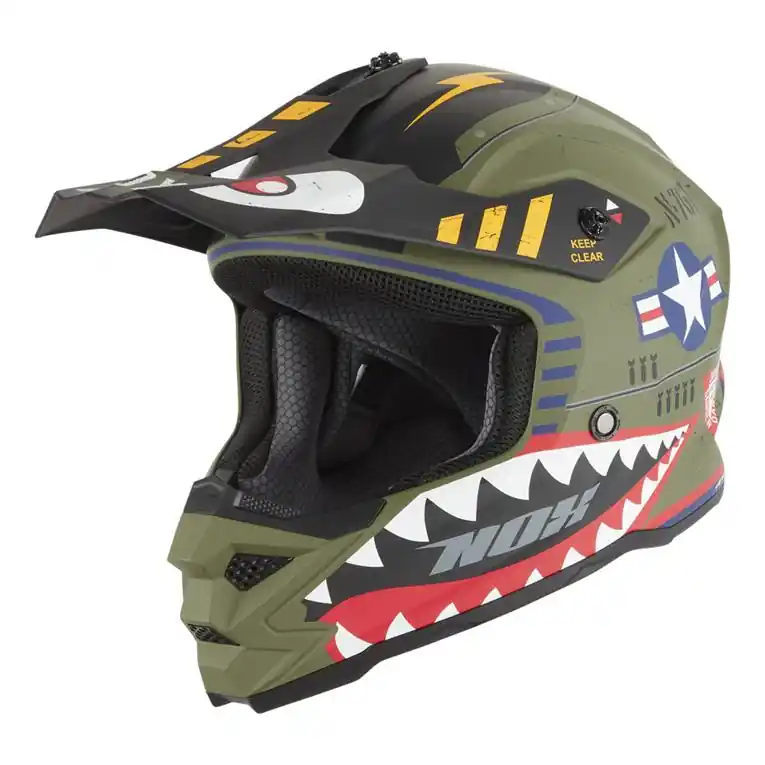NOX KASK CROSS / OFFROAD N761 FIGHTER KID / JUNIOR (DZIECIĘCY) KOLOR ZIELONY (KHAKI) MAT/BIAŁY/CZARNY ROZMIAR S (ZAPIĘCIE MIKROMETRYCZNE) Dostępne od ręki