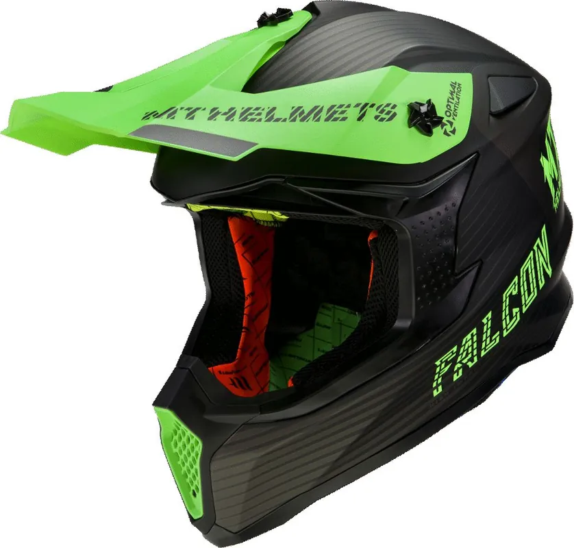 Popularny MT KASK CROSS (ZAPIĘCIE DD) FALCON SYSTEM D6 MATT FLUOR GREEN ZIELONY/CZARNY MAT ROZMIAR XL